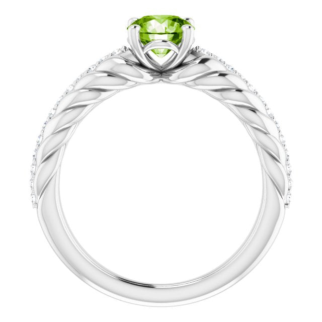 14K Gold Round Natural Peridot & Natural Diamond Accented Rope Ring - White Gold - view 2
