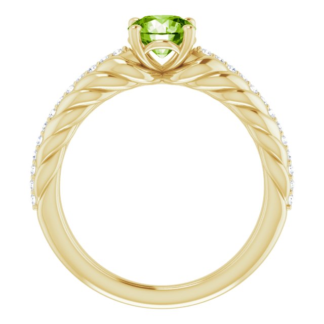 14K Gold Round Natural Peridot & Natural Diamond Accented Rope Ring - Yellow Gold - view 2