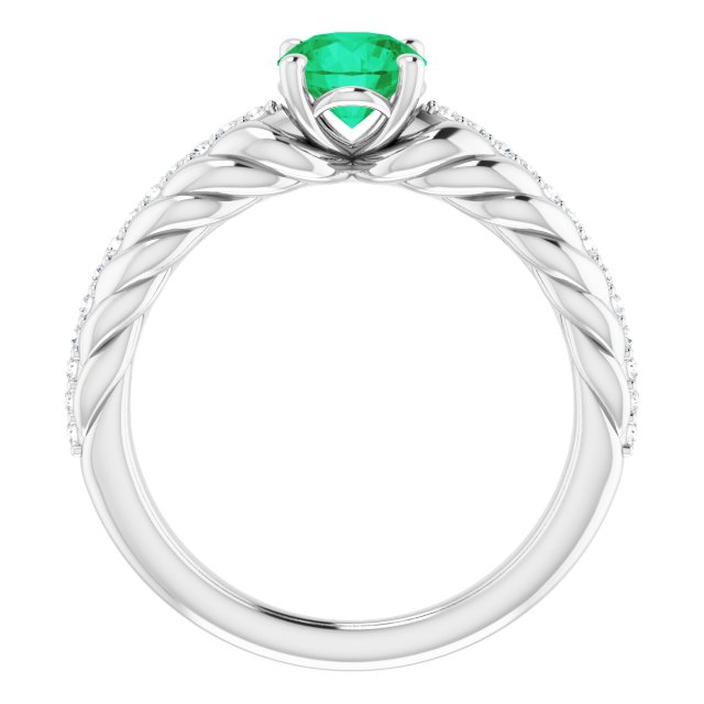 14K Gold Round Natural Emerald & Natural Diamond Accented Rope Ring - White Gold - view 2
