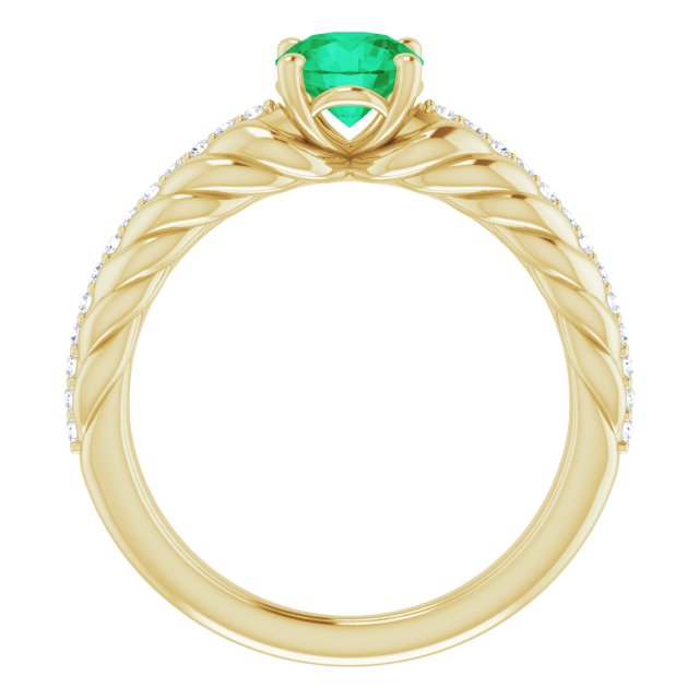 14K Gold Round Natural Emerald & Natural Diamond Accented Rope Ring - Yellow Gold - view 2