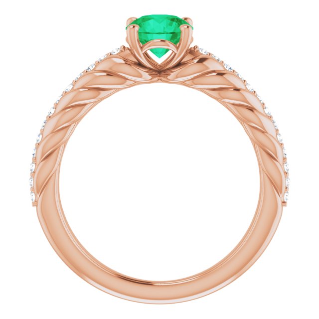 14K Gold Round Natural Emerald & Natural Diamond Accented Rope Ring - Rose Gold - view 2