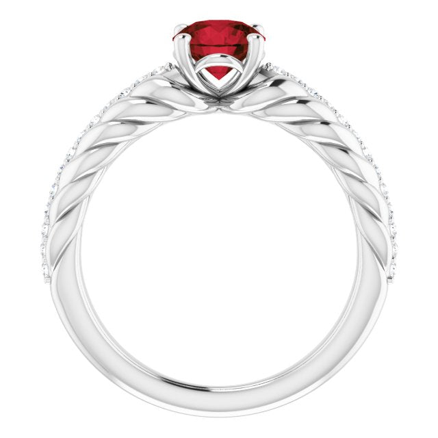 14K Gold Round Natural Mozambique Garnet & Natural Diamond Accented Rope Ring - White Gold - view 2