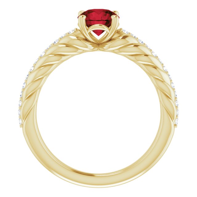 14K Gold Round Natural Mozambique Garnet & Natural Diamond Accented Rope Ring - Yellow Gold - view 2