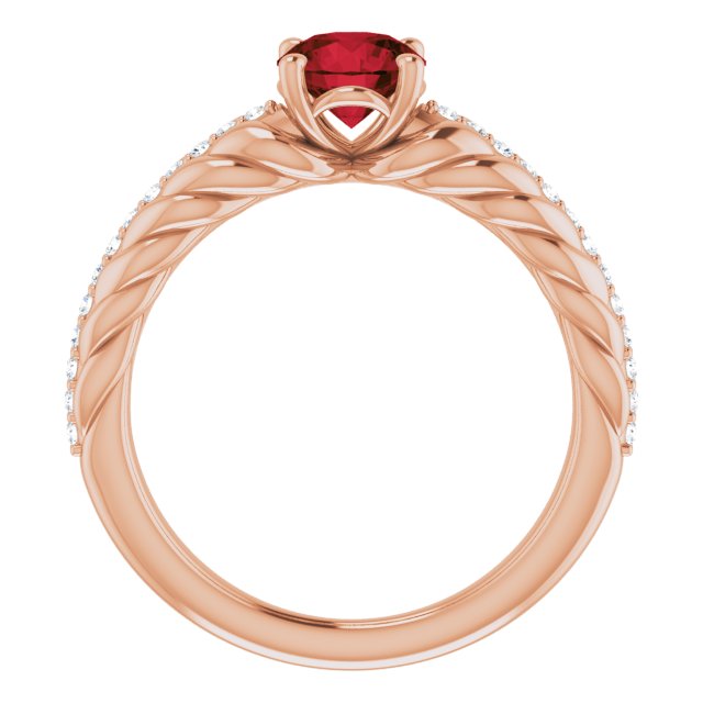 14K Gold Round Natural Mozambique Garnet & Natural Diamond Accented Rope Ring - Rose Gold - view 2