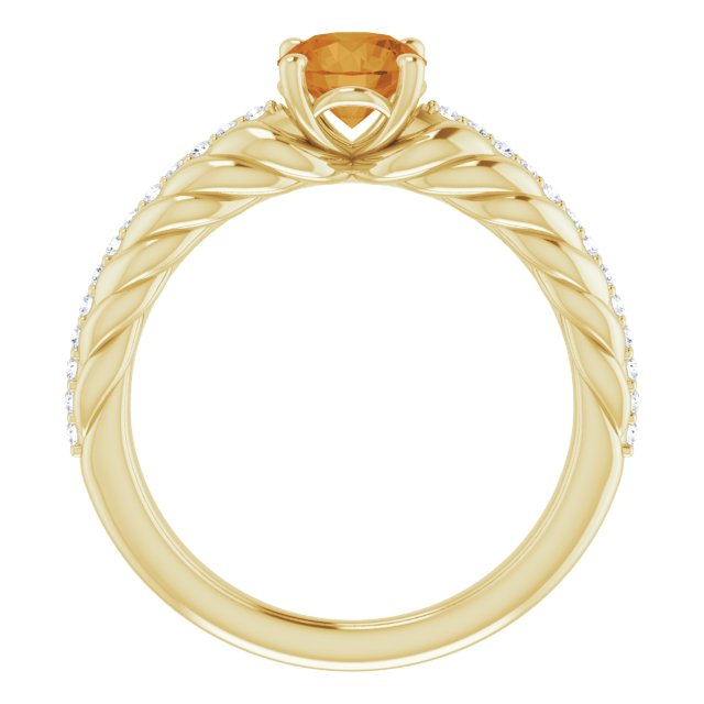 14K Gold Round Natural Citrine & Natural Diamond Accented Rope Ring - Yellow Gold - view 2