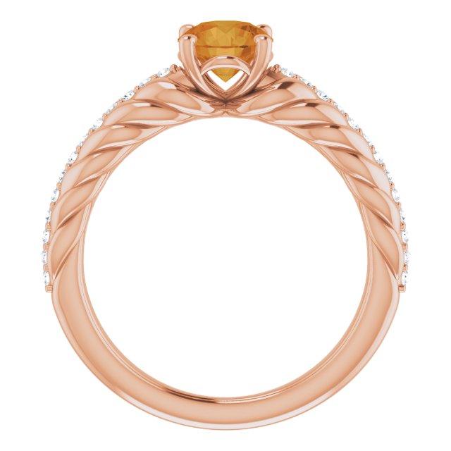 14K Gold Round Natural Citrine & Natural Diamond Accented Rope Ring - Rose Gold - view 2