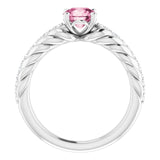 14K Gold Round Natural Pink Tourmaline & Natural Diamond Accented Rope Ring - White Gold - view 2