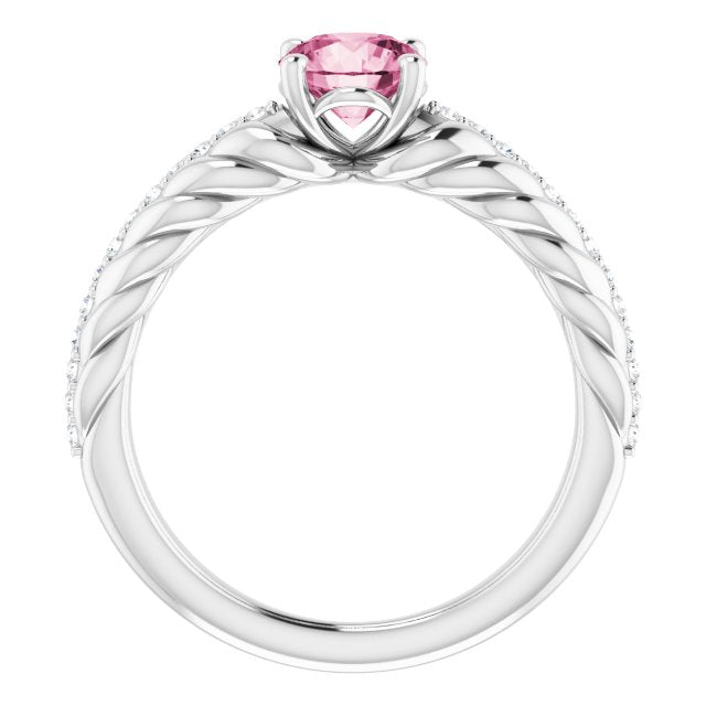 14K Gold Round Natural Pink Tourmaline & Natural Diamond Accented Rope Ring - White Gold - view 2