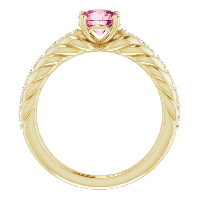 14K Gold Round Natural Pink Tourmaline & Natural Diamond Accented Rope Ring - Yellow Gold - view 2