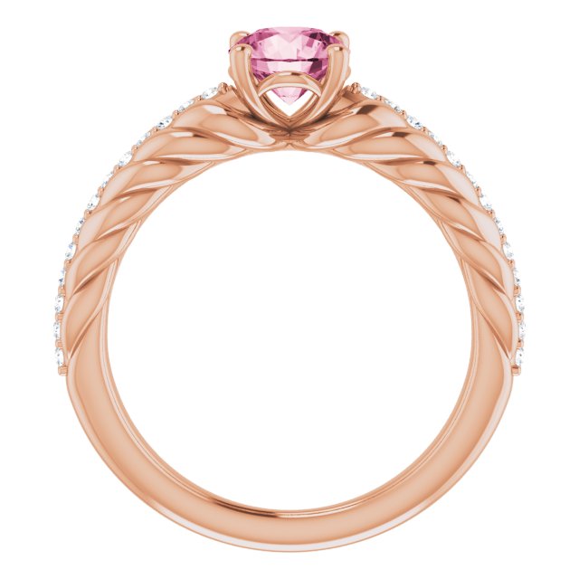 14K Gold Round Natural Pink Tourmaline & Natural Diamond Accented Rope Ring - Rose Gold - view 2