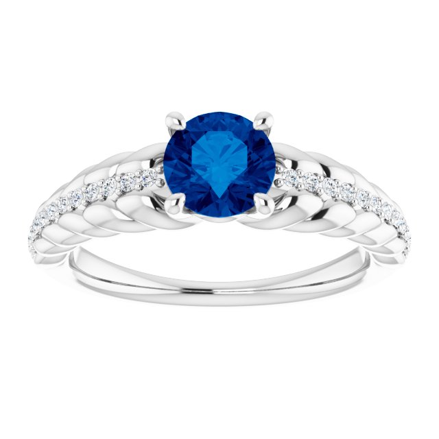 Platinum Round Natural Blue Sapphire & Natural Diamond Accented Rope Ring - view 3