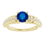 14K Gold Round Natural Blue Sapphire & Natural Diamond Accented Rope Ring - Yellow Gold - view 3