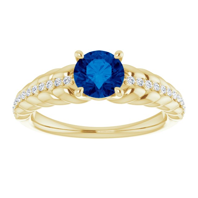 14K Gold Round Natural Blue Sapphire & Natural Diamond Accented Rope Ring - Yellow Gold - view 3