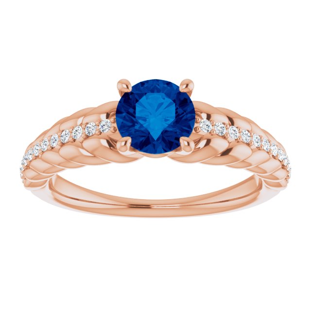 14K Gold Round Natural Blue Sapphire & Natural Diamond Accented Rope Ring - Rose Gold - view 3