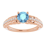 14K Gold Round Natural Aquamarine & Natural Diamond Accented Rope Ring - Rose Gold - view 3
