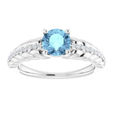 14K Gold Round Natural Aquamarine & Natural Diamond Accented Rope Ring - White Gold - view 3