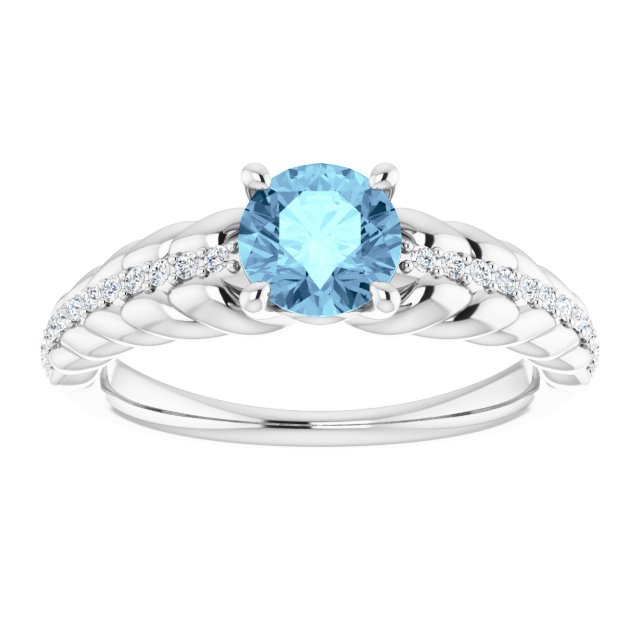 14K Gold Round Natural Aquamarine & Natural Diamond Accented Rope Ring - White Gold - view 3