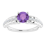 14K Gold Round Natural Amethyst & Natural Diamond Accented Rope Ring - White Gold - view 3