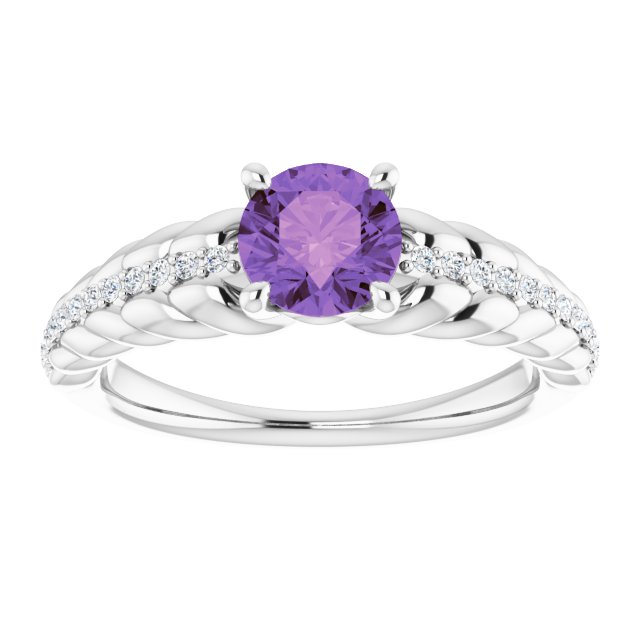 14K Gold Round Natural Amethyst & Natural Diamond Accented Rope Ring - White Gold - view 3