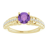 14K Gold Round Natural Amethyst & Natural Diamond Accented Rope Ring - Yellow Gold - view 3