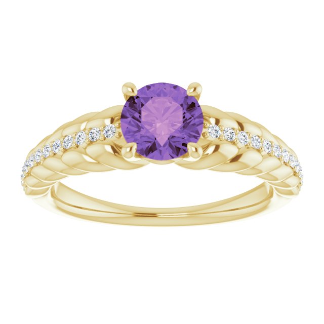 14K Gold Round Natural Amethyst & Natural Diamond Accented Rope Ring - Yellow Gold - view 3