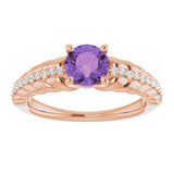 14K Gold Round Natural Amethyst & Natural Diamond Accented Rope Ring - Rose Gold - view 3