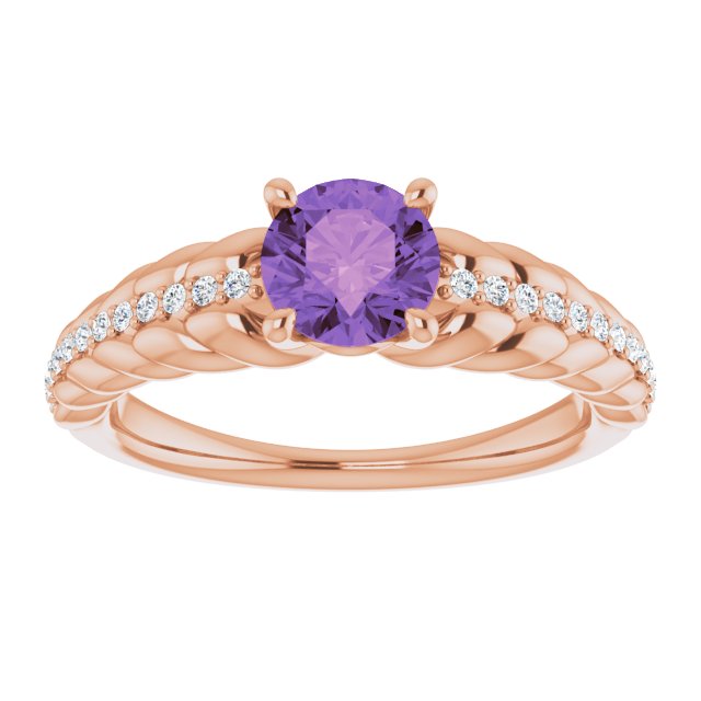 14K Gold Round Natural Amethyst & Natural Diamond Accented Rope Ring - Rose Gold - view 3