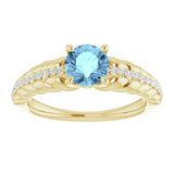14K Gold Round Natural Aquamarine & Natural Diamond Accented Rope Ring - Yellow Gold - view 3