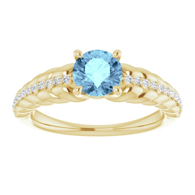 14K Gold Round Natural Aquamarine & Natural Diamond Accented Rope Ring - Yellow Gold - view 3
