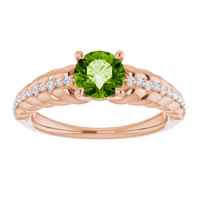 14K Gold Round Natural Peridot & Natural Diamond Accented Rope Ring - Rose Gold - view 3