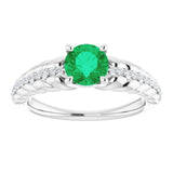 Platinum Round Natural Emerald & Natural Diamond Accented Rope Ring - view 3