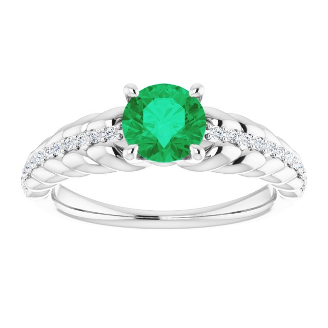 Platinum Round Natural Emerald & Natural Diamond Accented Rope Ring - view 3