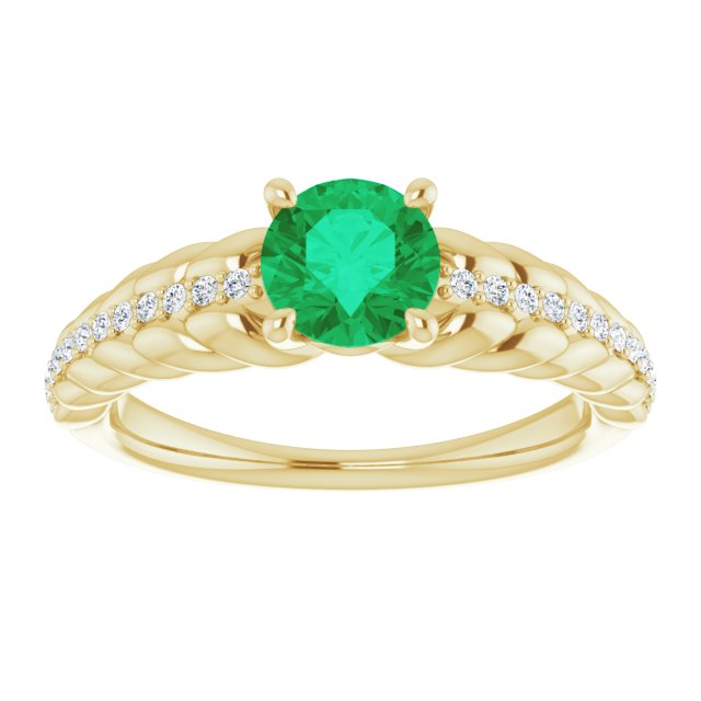 14K Gold Round Natural Emerald & Natural Diamond Accented Rope Ring - Yellow Gold - view 3