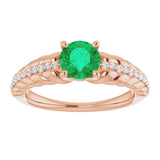 14K Gold Round Natural Emerald & Natural Diamond Accented Rope Ring - Rose Gold - view 3