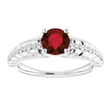 14K Gold Round Natural Mozambique Garnet & Natural Diamond Accented Rope Ring - White Gold - view 3