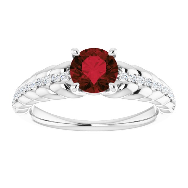14K Gold Round Natural Mozambique Garnet & Natural Diamond Accented Rope Ring - White Gold - view 3