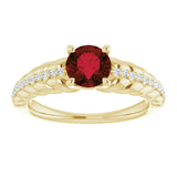 14K Gold Round Natural Mozambique Garnet & Natural Diamond Accented Rope Ring - Yellow Gold - view 3