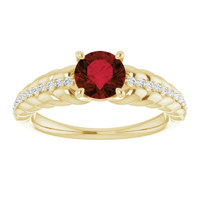 14K Gold Round Natural Mozambique Garnet & Natural Diamond Accented Rope Ring - Yellow Gold - view 3