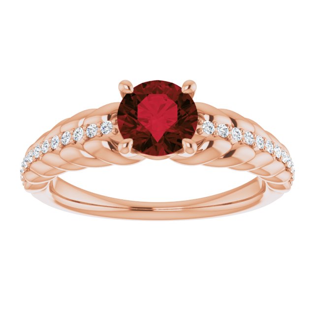 14K Gold Round Natural Mozambique Garnet & Natural Diamond Accented Rope Ring - Rose Gold - view 3
