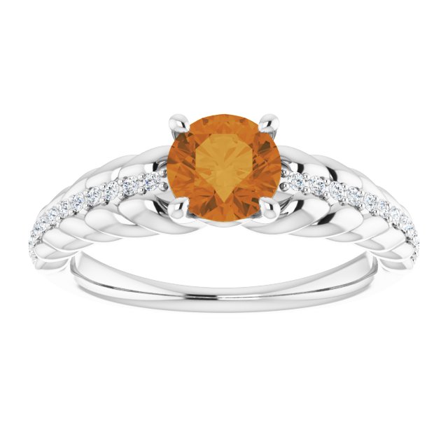 14K Gold Round Natural Citrine & Natural Diamond Accented Rope Ring - White Gold - view 3