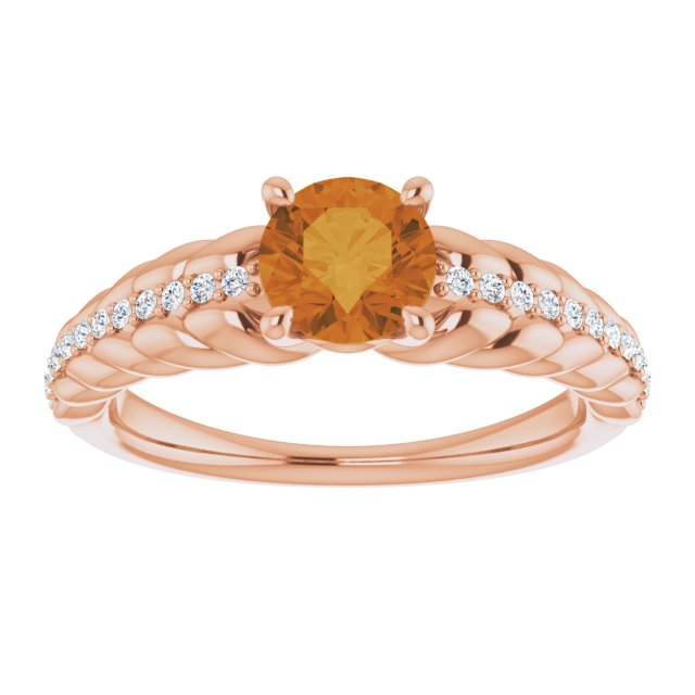 14K Gold Round Natural Citrine & Natural Diamond Accented Rope Ring - Rose Gold - view 3