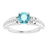 14K Gold Round Natural Blue Zircon & Natural Diamond Accented Rope Ring - White Gold - view 3