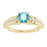 14K Gold Round Natural Blue Zircon & Natural Diamond Accented Rope Ring - Yellow Gold - view 3