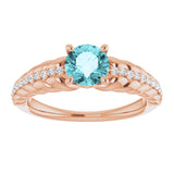 14K Gold Round Natural Blue Zircon & Natural Diamond Accented Rope Ring - Rose Gold - view 3
