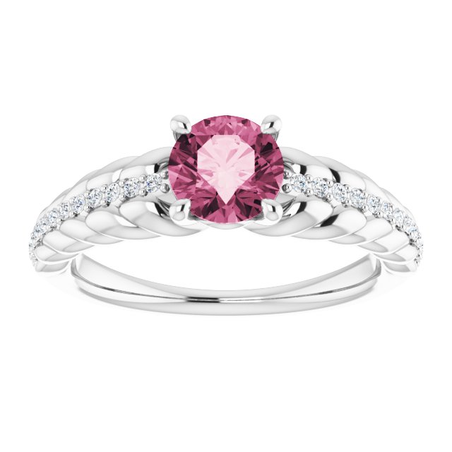 Platinum Round Natural Pink Tourmaline & Natural Diamond Accented Rope Ring - view 3