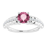 14K Gold Round Natural Pink Tourmaline & Natural Diamond Accented Rope Ring - White Gold - view 3