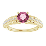 14K Gold Round Natural Pink Tourmaline & Natural Diamond Accented Rope Ring - Yellow Gold - view 3