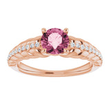 14K Gold Round Natural Pink Tourmaline & Natural Diamond Accented Rope Ring - Rose Gold - view 3