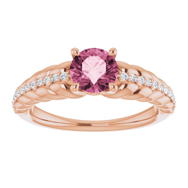 14K Gold Round Natural Pink Tourmaline & Natural Diamond Accented Rope Ring - Rose Gold - view 3