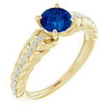 14K Gold Round Natural Blue Sapphire & Natural Diamond Accented Rope Ring - Yellow Gold